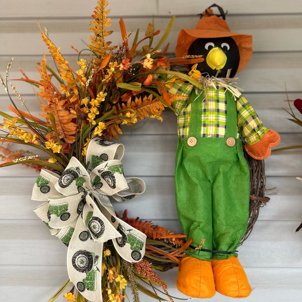 Autumn Scarecrow Wreath with Orange and Green Accents